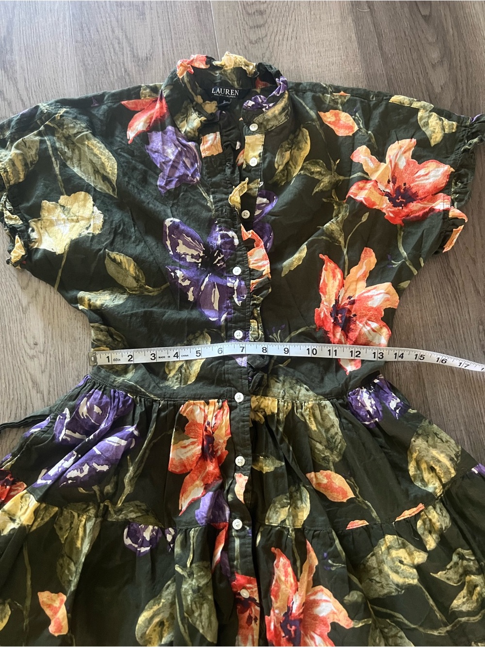 Lauren Ralph Lauren Olive Green Floral Short Dress with Orange & Purple Blooms 0 - Picture 10 of 13